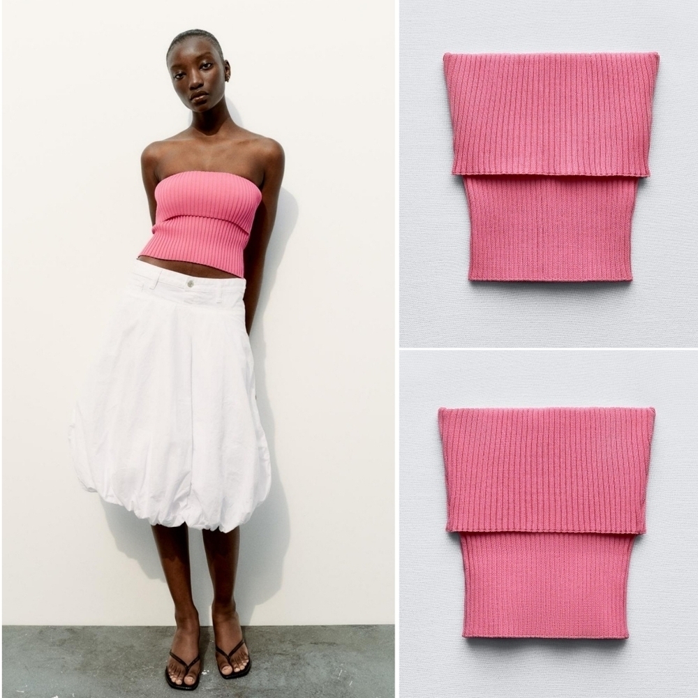 ZARA // barbie pink rib knit fold over bandeau tube top